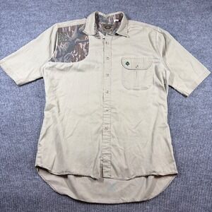 Companions Mossy Oak Camo Shooting Shirt Mens XL Tan Short Sleeve Cotton USA